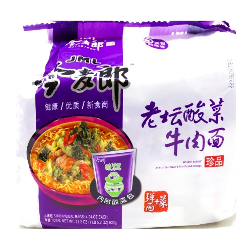 Load image into Gallery viewer, JML Golden Wheat Noodle - Pickled Mustard Beef-今麥郎老壇酸菜牛肉面(五連包)-5_120g-INJML109A