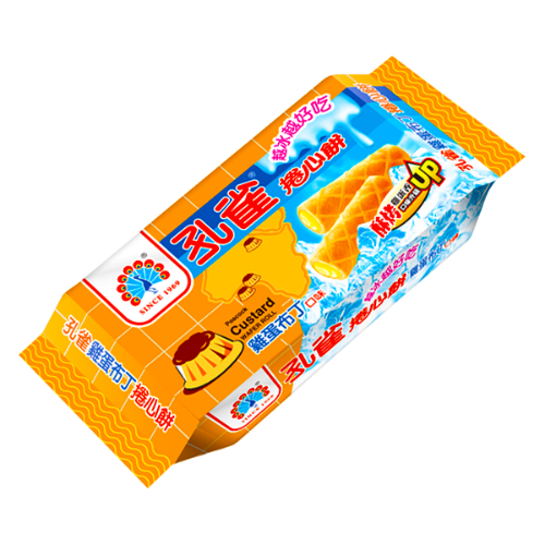 Load image into Gallery viewer, Kuai Kuai Peacocok Wafer Roll - Custard-乖乖孔雀捲心餅-雞蛋布丁-63g-SNACKK313