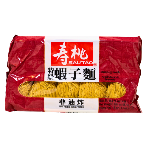 Sau Tao Shrimp Egg Noodles - Thin (Flat Pack)-壽桃牌排裝幼蝦子麵-454g-DNOOST401