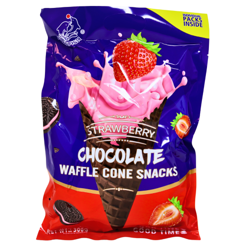 Twin Fish Chocolate Waffle Cone Snack (Strawberry Flavour)-Twin Fish 朱古力窩夫甜筒（士多啤梨味）-300g-SNACTF101